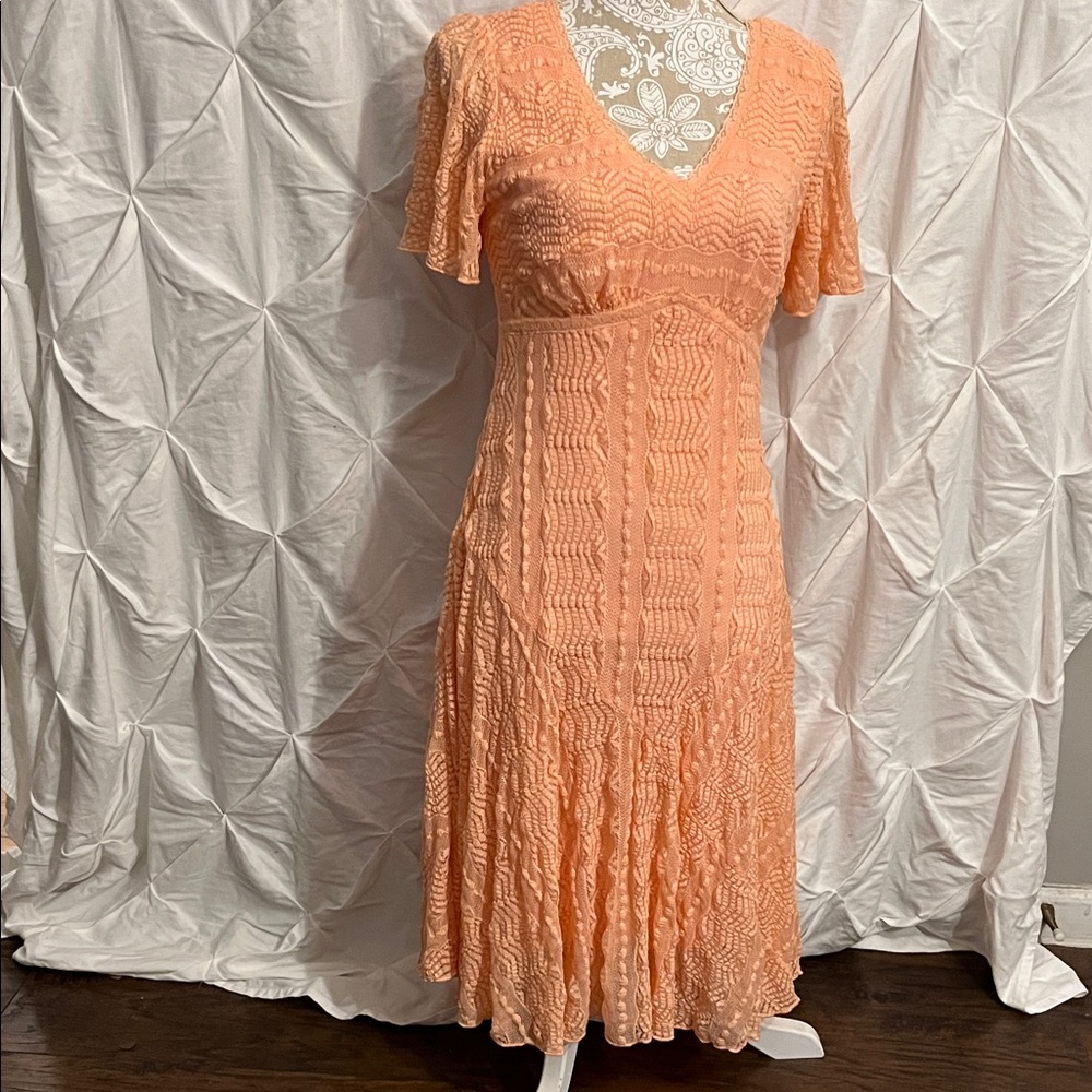 Rabbit Rabbit Rabbit Peach Lace V-Neck Flutter Sleeve Midi Dress
